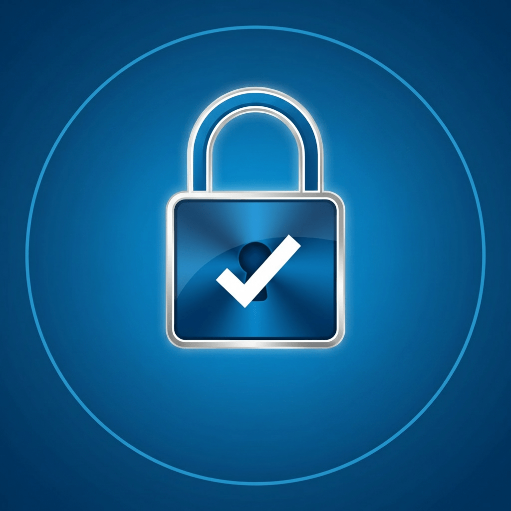 Blue padlock icon with a white checkmark and text SECURE LOCK